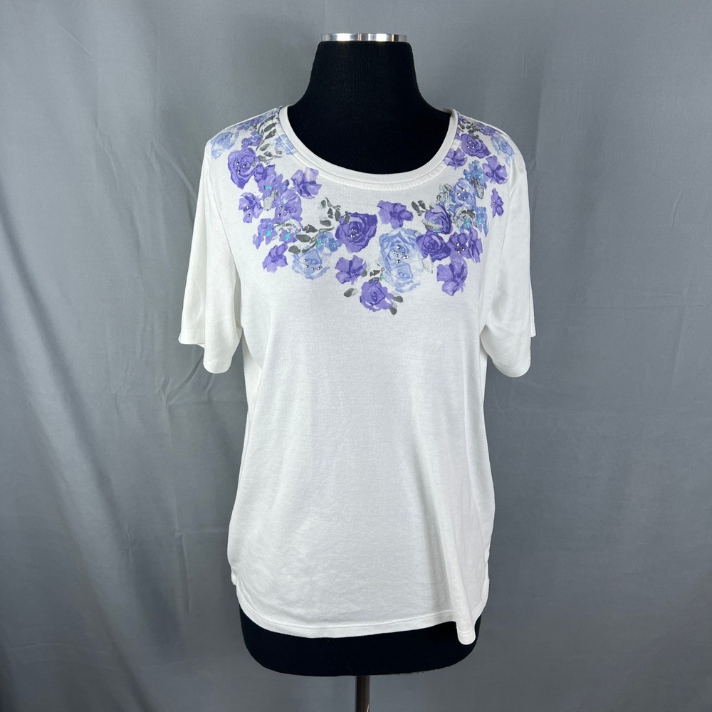 Allison Daley T Shirt Womens Large White Floral Short Sleeve Round Neck Pullover